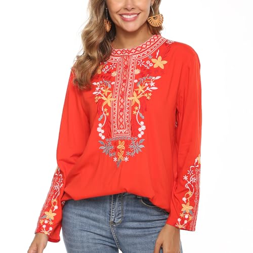 drakloak Bluse Stickerei Damen,Folklore Bluse Damen Stickerei Mexiko,Langarm Hippie Kleidung Boho Rundhalsausschnitt Blouse mit Blume Stickerei（101 RD L） von drakloak
