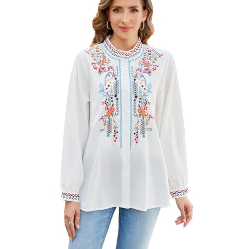 drakloak Bluse Stickerei Damen,Folklore Bluse Damen Stickerei Mexiko,Langarm Hippie Kleidung Boho Rundhalsausschnitt Blouse mit Blume Stickerei（784 WT S） von drakloak