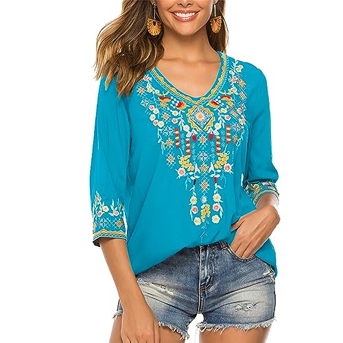 drakloak Bluse Stickerei Damen Boho Bestickte Oberteile Tunika Folklore Hippie Blusen Blumenmuster Oberteil Kurzarm Lose Tops（054 BL M） von drakloak
