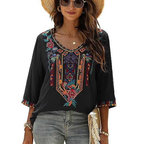 drakloak Bluse Stickerei Damen Boho Bestickte Oberteile Tunika Folklore Hippie Blusen Blumenmuster Oberteil Kurzarm Lose Tops(328 BK S) von drakloak
