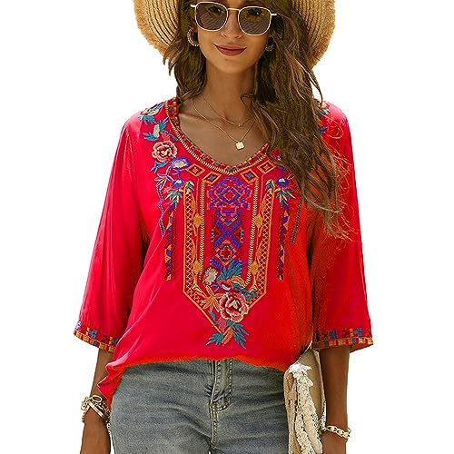 drakloak Bluse Stickerei Damen Boho Bestickte Oberteile Tunika Folklore Hippie Blusen Blumenmuster Oberteil Kurzarm Lose Tops(328 RD M) von drakloak