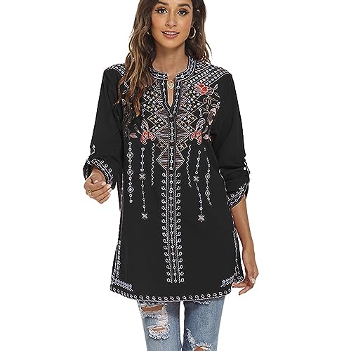 drakloak Bohemian Tops Besticktes Folklore Bluse Mexico Frauen Tunika Sommer Blusen mit Blumenmuster,Hippie Kleidung Damen Long Sleeves Blouse(127 BK M) von drakloak