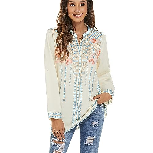 drakloak Bohemian Tops Besticktes Folklore Bluse Mexico Frauen Tunika Sommer Blusen mit Blumenmuster,Hippie Kleidung Damen Long Sleeves Blouse(127 YW 2XL) von drakloak