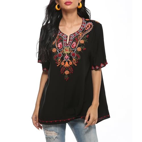 drakloak Boho Stickerei Bluse Hippie Kleidung Damen Bohemian Folklore Stickerei Bluse Kurzarm V Ausschnitt Tunika Sommer LäSsige Oberteil（198 BK M） von drakloak