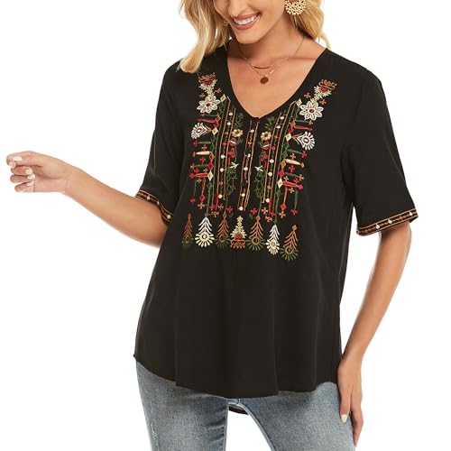 drakloak Boho Stickerei Bluse Hippie Kleidung Damen Bohemian Folklore Stickerei Bluse Kurzarm V Ausschnitt Tunika Sommer LäSsige Oberteil(320 BK M) von drakloak