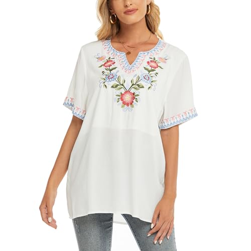 drakloak Boho Stickerei Bluse Hippie Kleidung Damen Bohemian Folklore Stickerei Bluse Kurzarm V Ausschnitt Tunika Sommer LäSsige Oberteil(321 WT L) von drakloak