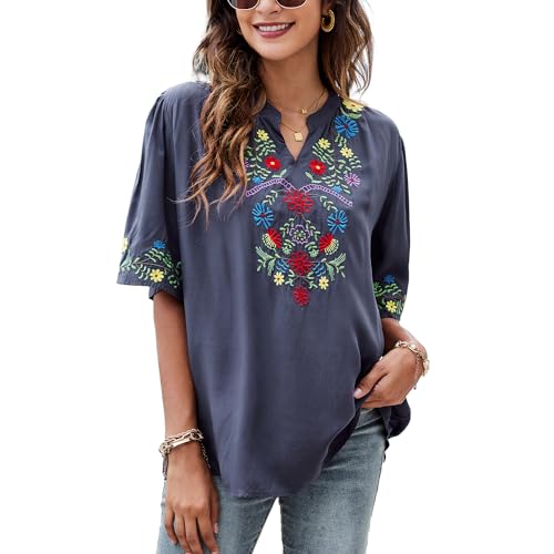 drakloak Boho Stickerei Bluse Hippie Kleidung Damen Bohemian Folklore Stickerei Bluse Kurzarm V Ausschnitt Tunika Sommer LäSsige Oberteil（323 BL M） von drakloak