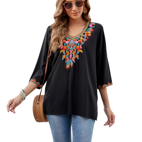 drakloak Damen Bluse 3/4 Arm Boho Stickerei Bluse V-Ausschnitt Tunika Bluse Bohemian Folklore Tops Hippie Kleidung Sommer Lose Oberteil（804 BK 3XL） von drakloak