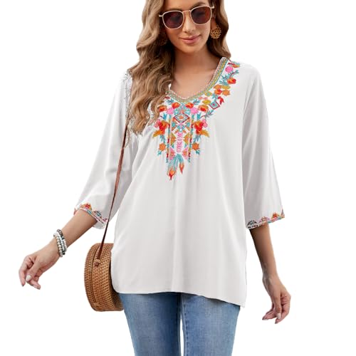 drakloak Damen Bluse 3/4 Arm Boho Stickerei Bluse V-Ausschnitt Tunika Bluse Bohemian Folklore Tops Hippie Kleidung Sommer Lose Oberteil（804 WT L） von drakloak