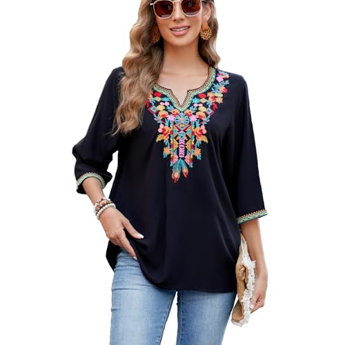 drakloak Damen Bluse 3/4 Arm Boho Stickerei Bluse V-Ausschnitt Tunika Bluse Bohemian Folklore Tops Hippie Kleidung Sommer Lose Oberteil（806 BK S） von drakloak