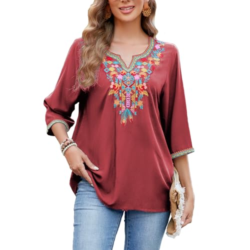 drakloak Damen Tunika Boho Style Bluse 3/4 Arm V-Ausschnitt Rot M von drakloak