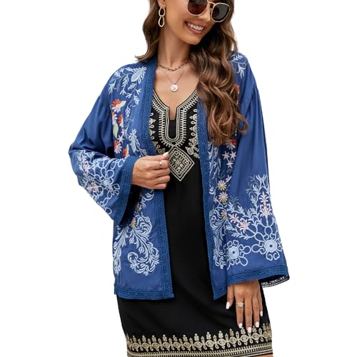 drakloak Damen Böhmisch bestickte Strickjacke Sommer,Floral besticktes Strand Cardigan,Boho Leicht Casual Langarm Cardigan,Shawl Bluse Oberteil Top（619 BL L） von drakloak