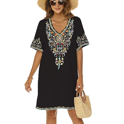 drakloak Damen Bohemian Stickerei Kleid Boho Mexican Peasant Dress V-Ausschnitt Feiertagskleid Hippie Bohemian Kleider Kurzarm Freizeitkleid mit Besticktes Blumen(445 BK L) von drakloak