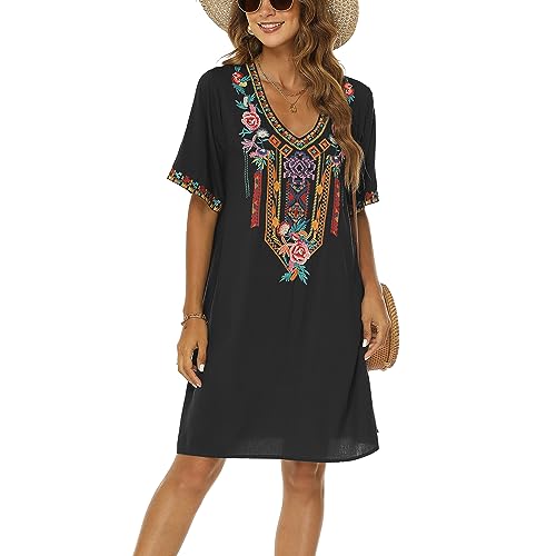 drakloak Damen Bohemian Stickerei Kleid Boho Mexican Peasant Dress V-Ausschnitt Feiertagskleid Hippie Bohemian Kleider Kurzarm Freizeitkleid mit Besticktes Blumen(446 BK XL) von drakloak