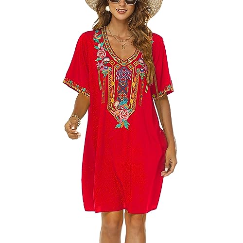 drakloak Damen Bohemian Stickerei Kleid Boho Mexican Peasant Dress V-Ausschnitt Feiertagskleid Hippie Bohemian Kleider Kurzarm Freizeitkleid mit Besticktes Blumen(446 RD 2XL) von drakloak