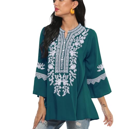 drakloak Damen Sommer Bluse Boho Stickerei Mexikanisch Tops V-Ausschnitt Shirt Kurzarm Boho Tunika Folklore Hippie Blusen(200 GR XL) von drakloak