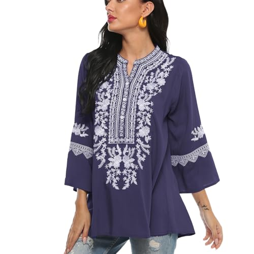 drakloak Damen Sommer Bluse Boho Stickerei Mexikanisch Tops V-Ausschnitt Shirt Kurzarm Boho Tunika Folklore Hippie Blusen(200 PP M) von drakloak