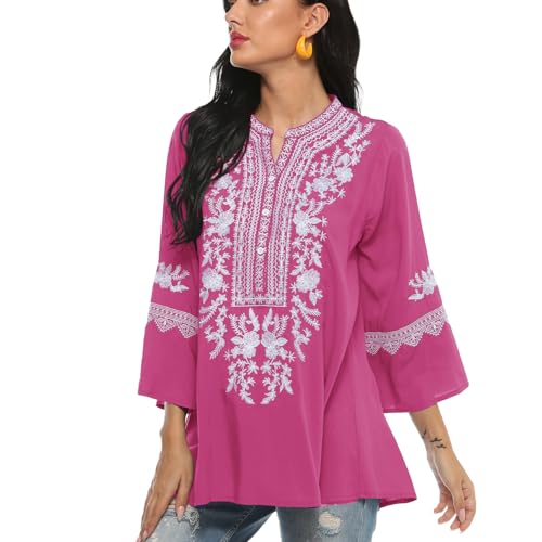 drakloak Damen Sommer Bluse Boho Stickerei Mexikanisch Tops V-Ausschnitt Shirt Kurzarm Boho Tunika Folklore Hippie Blusen(200 RS 2XL) von drakloak