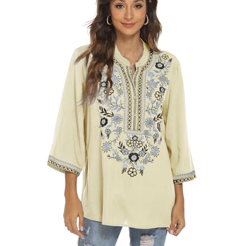 drakloak Damen Sommer Bluse Boho Stickerei Mexikanisch Tops V-Ausschnitt Shirt Kurzarm Boho Tunika Folklore Hippie Blusen(372 AP 2XL) von drakloak