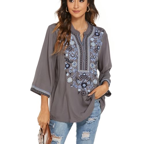 drakloak Damen Sommer Bluse Boho Stickerei Mexikanisch Tops V-Ausschnitt Shirt Kurzarm Boho Tunika Folklore Hippie Blusen(372 GY S) von drakloak