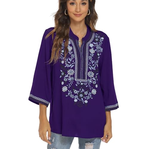 drakloak Damen Sommer Bluse Boho Stickerei Mexikanisch Tops V-Ausschnitt Shirt Kurzarm Boho Tunika Folklore Hippie Blusen(372 PP M) von drakloak