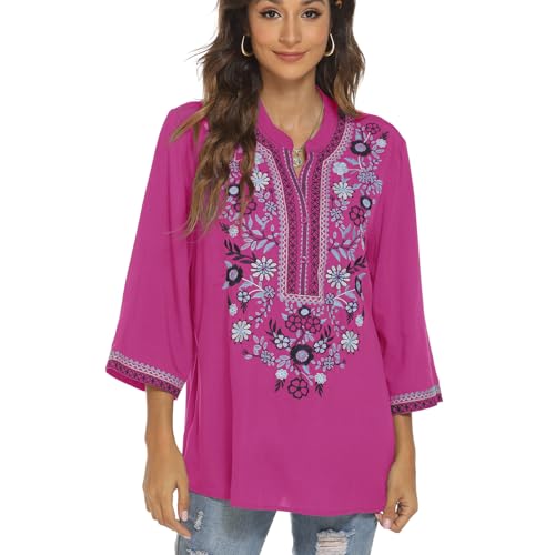 drakloak Damen Sommer Bluse Boho Stickerei Mexikanisch Tops V-Ausschnitt Shirt Kurzarm Boho Tunika Folklore Hippie Blusen(372 RS M) von drakloak
