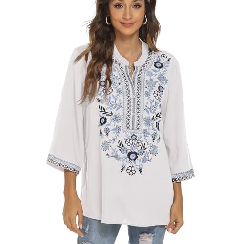 drakloak Damen Sommer Bluse Boho Stickerei Mexikanisch Tops V-Ausschnitt Shirt Kurzarm Boho Tunika Folklore Hippie Blusen(372 WT 2XL) von drakloak