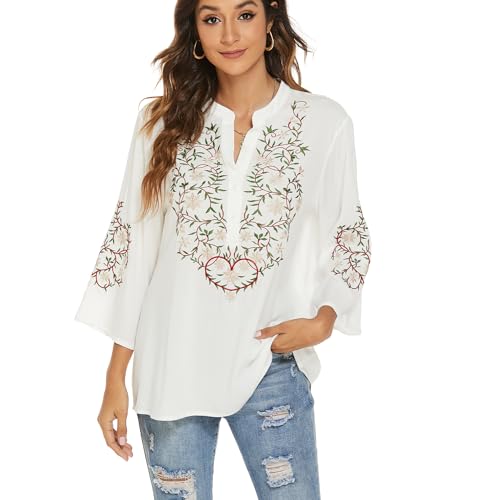 drakloak Damen Sommer Bluse Boho Stickerei Mexikanisch Tops V-Ausschnitt Shirt Kurzarm Boho Tunika Folklore Hippie Blusen（380 WT S） von drakloak