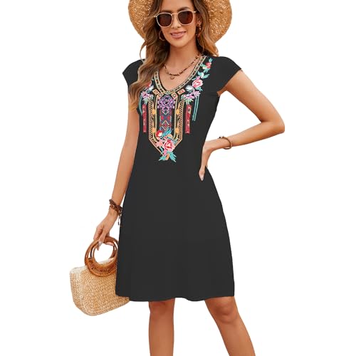 drakloak Damen Sommerkleid Bohemien Stickerei Dress V-Ausschnitt Sommerkleid Flügelärmel Boho Knielanges Kleider Hippie Kleid Strandkleid Freizeitkleider（755 BK M） von drakloak