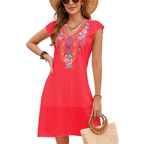 drakloak Damen Sommerkleid Bohemien Stickerei Dress V-Ausschnitt Sommerkleid Flügelärmel Boho Knielanges Kleider Hippie Kleid Strandkleid Freizeitkleider（755 RD S） von drakloak