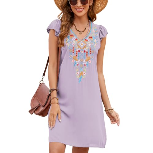 drakloak Damen Sommerkleid Bohemien Stickerei Dress V-Ausschnitt Sommerkleid Flügelärmel Boho Knielanges Kleider Hippie Kleid Strandkleid Freizeitkleider（756 LPP 2XL） von drakloak