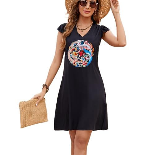 drakloak Damen Sommerkleid Bohemien Stickerei Dress V-Ausschnitt Sommerkleid Flügelärmel Boho Knielanges Kleider Hippie Kleid Strandkleid Freizeitkleider（758 BK S） von drakloak