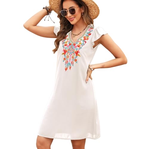 drakloak Damen Sommerkleid Bohemien Stickerei Dress V-Ausschnitt Sommerkleid Flügelärmel Boho Knielanges Kleider Hippie Kleid Strandkleid Freizeitkleider（759 WT XL） von drakloak