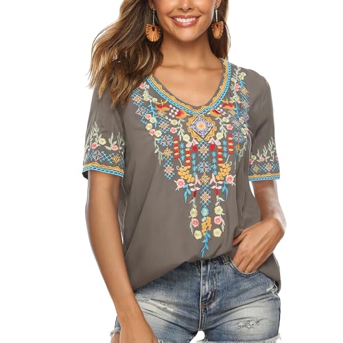 drakloak Damen Stickerei Bluse Bohemian Herbst Tunika Stickerei Folklore Tops V-Ausschnitt Shirt Sommer Tunika Blusen Boho Hippie Kurzarm Lose Oberteil（442 GY M von drakloak
