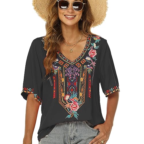 drakloak Damen Stickerei Bluse Bohemian Herbst Tunika Stickerei Folklore Tops V-Ausschnitt Shirt Sommer Tunika Blusen Boho Hippie Kurzarm Lose Oberteil(443 BK M) von drakloak