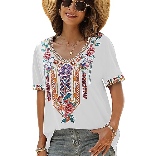 drakloak Damen Stickerei Bluse Bohemian Herbst Tunika Stickerei Folklore Tops V-Ausschnitt Shirt Sommer Tunika Blusen Boho Hippie Kurzarm Lose Oberteil(443 WT M) von drakloak