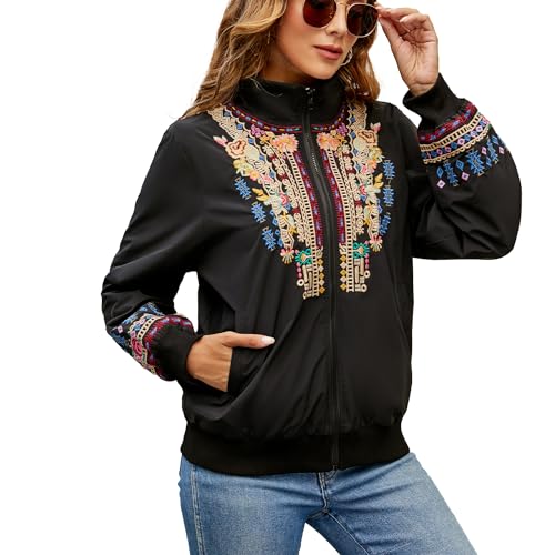 drakloak Damen Stickerei Jacket Stehkragen Reißverschluss Langärmelige Freizeitjacke mit Taschen Sweatshirtjacke Outdoor Top（743 BK XL von drakloak