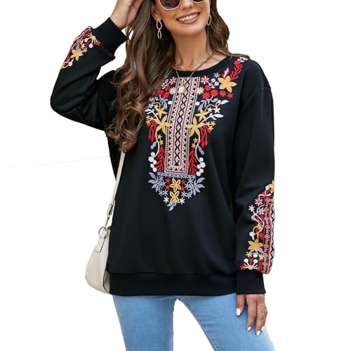 drakloak Damen Sweatshirt Langarm Winter Rundhals Pullover mit Stickerei Langarmshirt mit Stickerei Casual Oberteile Tops（525 BK XL） von drakloak