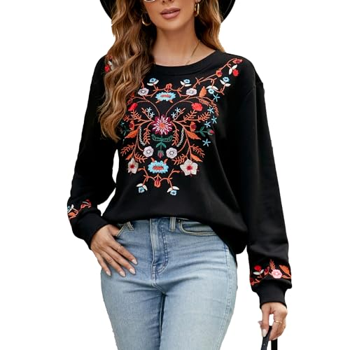 drakloak Damen Sweatshirt Langarm Winter Rundhals Pullover mit Stickerei Langarmshirt mit Stickerei Casual Oberteile Tops（712 BK 2XL） von drakloak