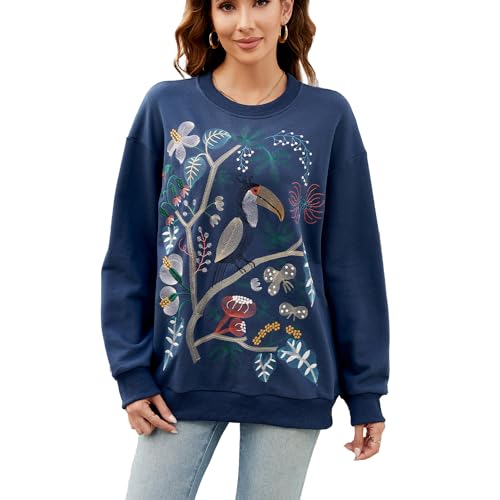 drakloak Damen Sweatshirt Langarm Winter Rundhals Pullover mit Stickerei Langarmshirt mit Stickerei Casual Oberteile Tops（713 BL 2XL） von drakloak