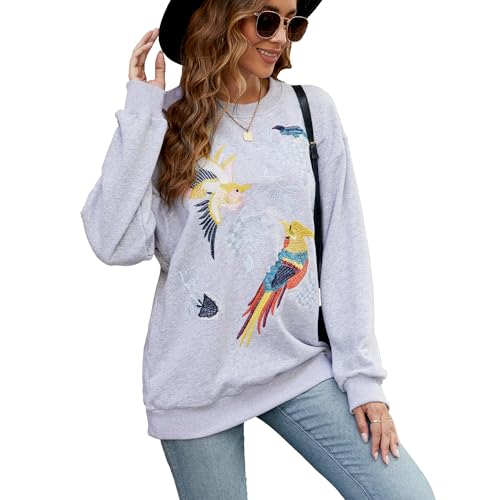 drakloak Damen Sweatshirt Langarm Winter Rundhals Pullover mit Stickerei Langarmshirt mit Stickerei Casual Oberteile Tops（715 GY L） von drakloak