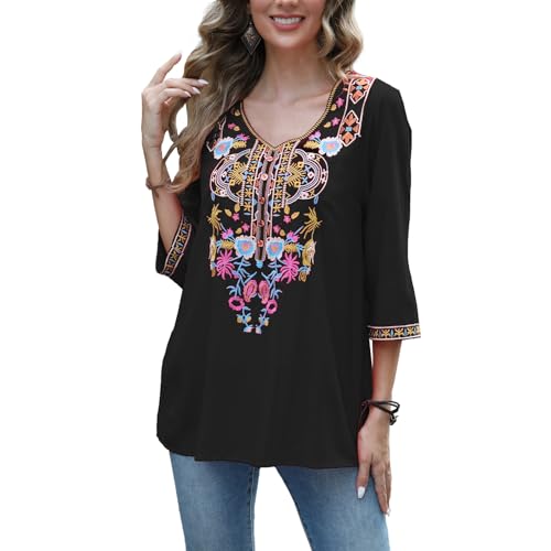 drakloak Hippie Bluse Boho Bluse Damen Folklore Bluse Mexico Besticktes Bluse Boho Shirt Damen mit Stickerei Casual Oberteile Tops（830 BK XL） von drakloak
