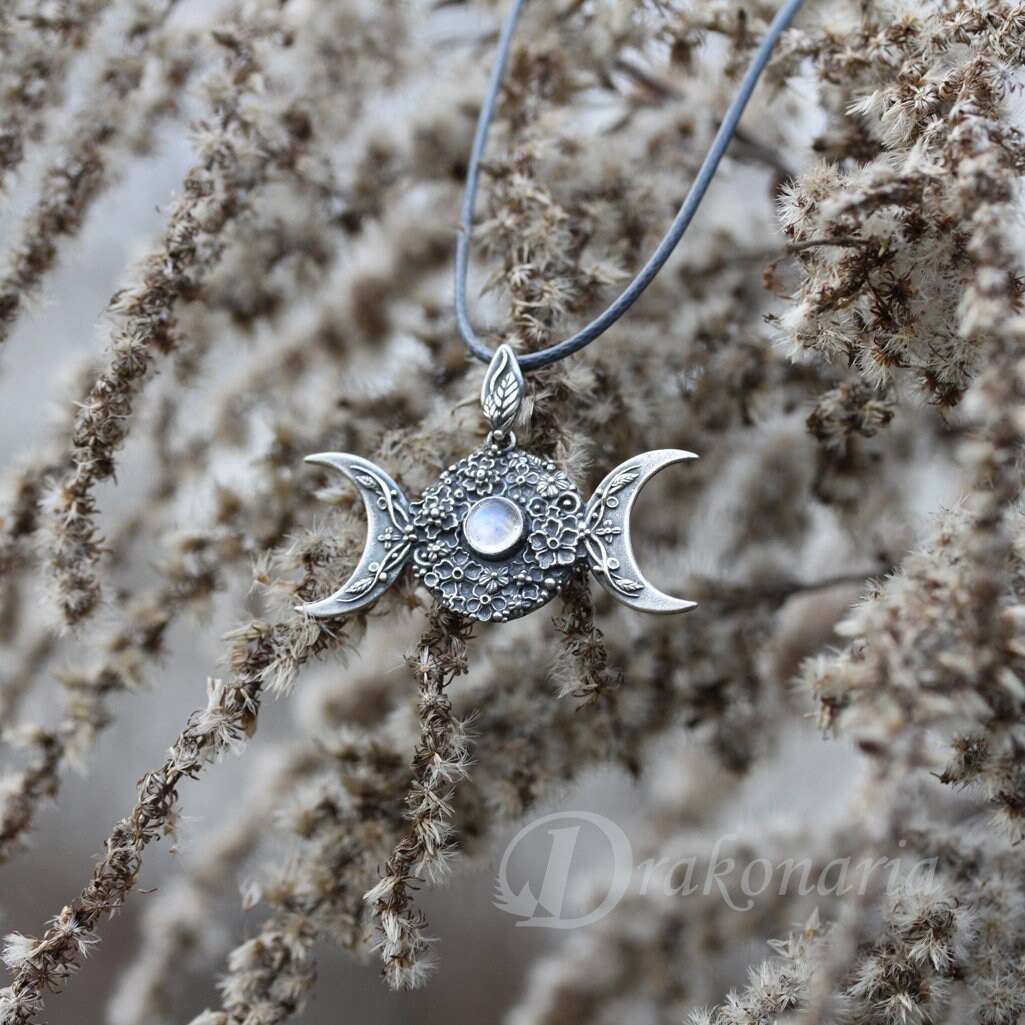 Dreifache Göttin, Blumen Und Mondstein, Sterling Silber Anhänger, Göttin Wicca Mondstein Hexe Halskette, Mond Fee von drakonaria