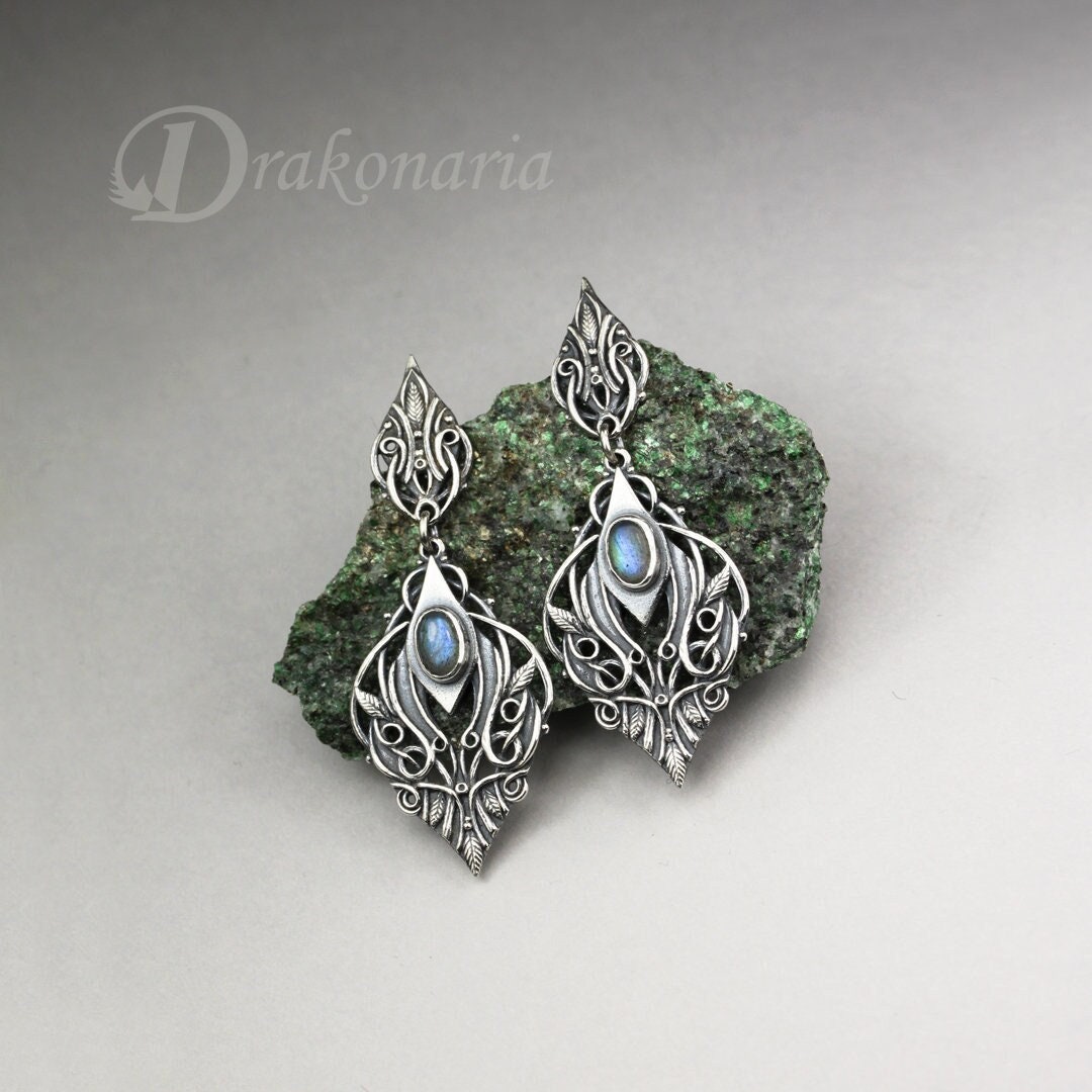 Sindarin - Narn, Elfen Ohrringe, Labradorit Und Silber, Tolkiens Schmuck, Jugendstil, Himmelblauer Labradorit, Kobalt von drakonaria