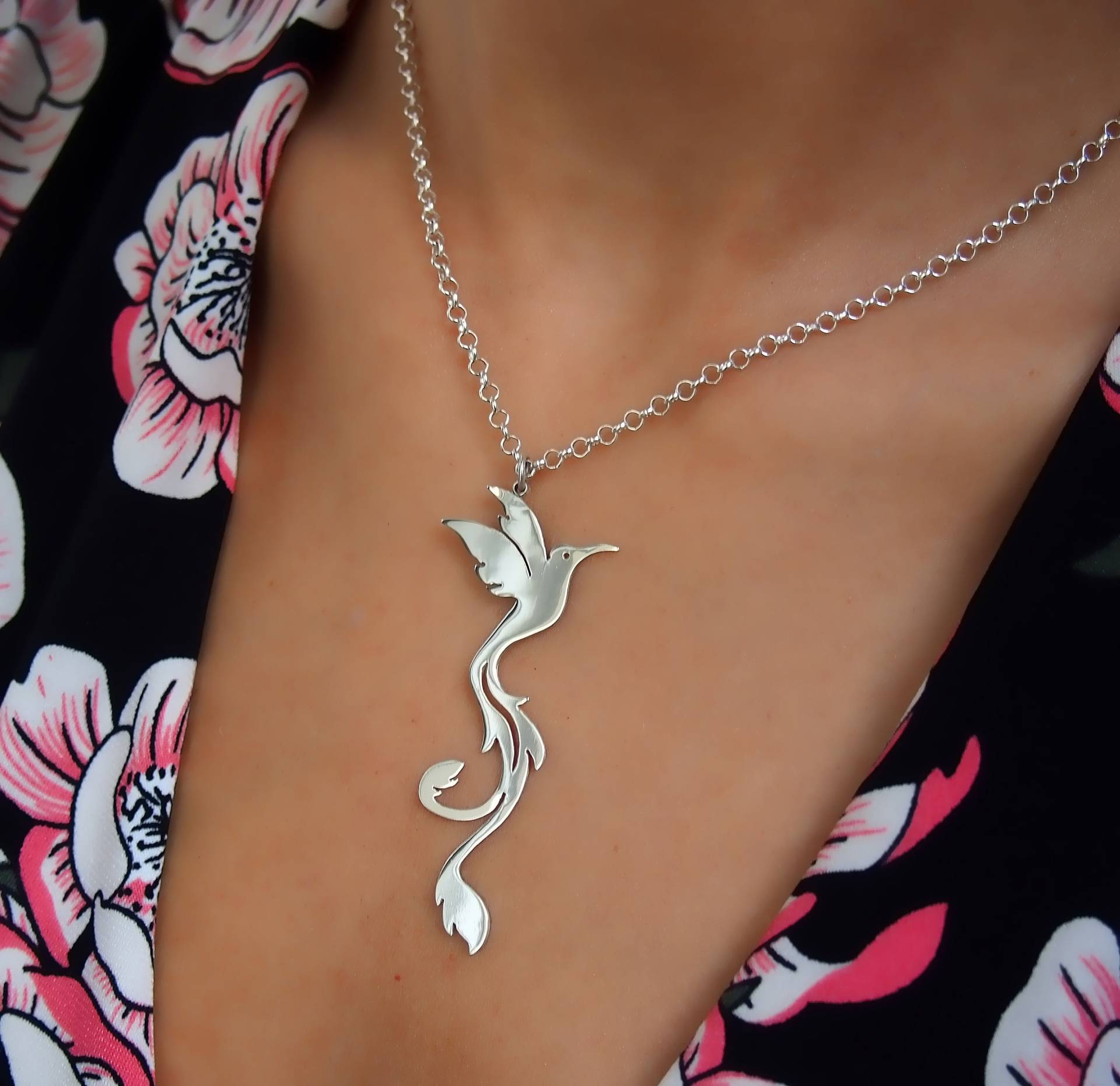 sterling Silber Kolibri Halskette Handgemachter Paradiesvogel Schmuck von drawadreamjewelry