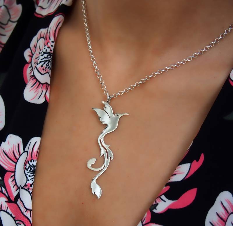 sterling Silber Kolibri Halskette Handgemachter Paradiesvogel Schmuck von drawadreamjewelry