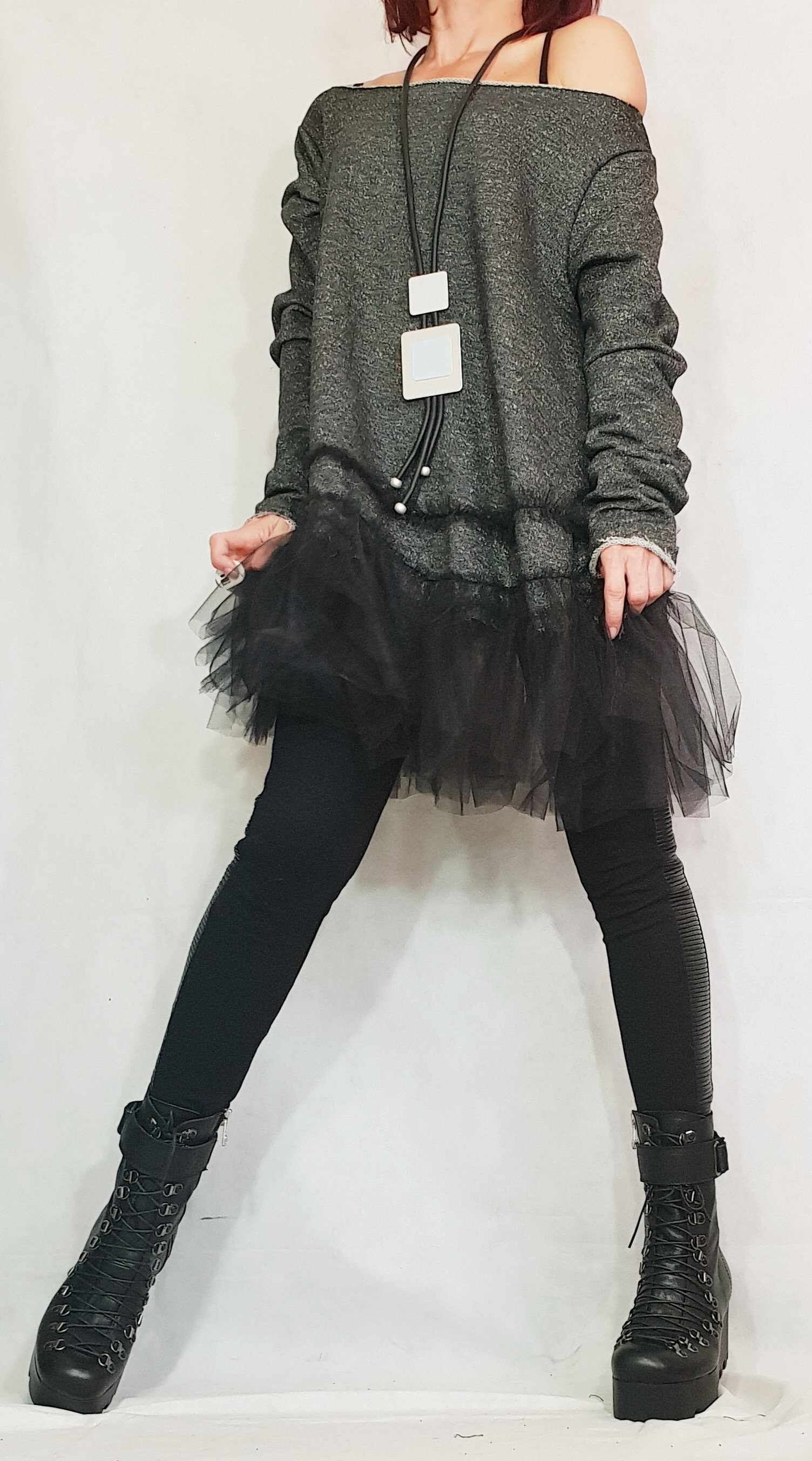 Avantgarde Tunika Kleid, Dekonstruiertes Top, Lockere Tunika, Steampunk Oversize Tüll Schulterfrei Langarm von dreSSShoescode