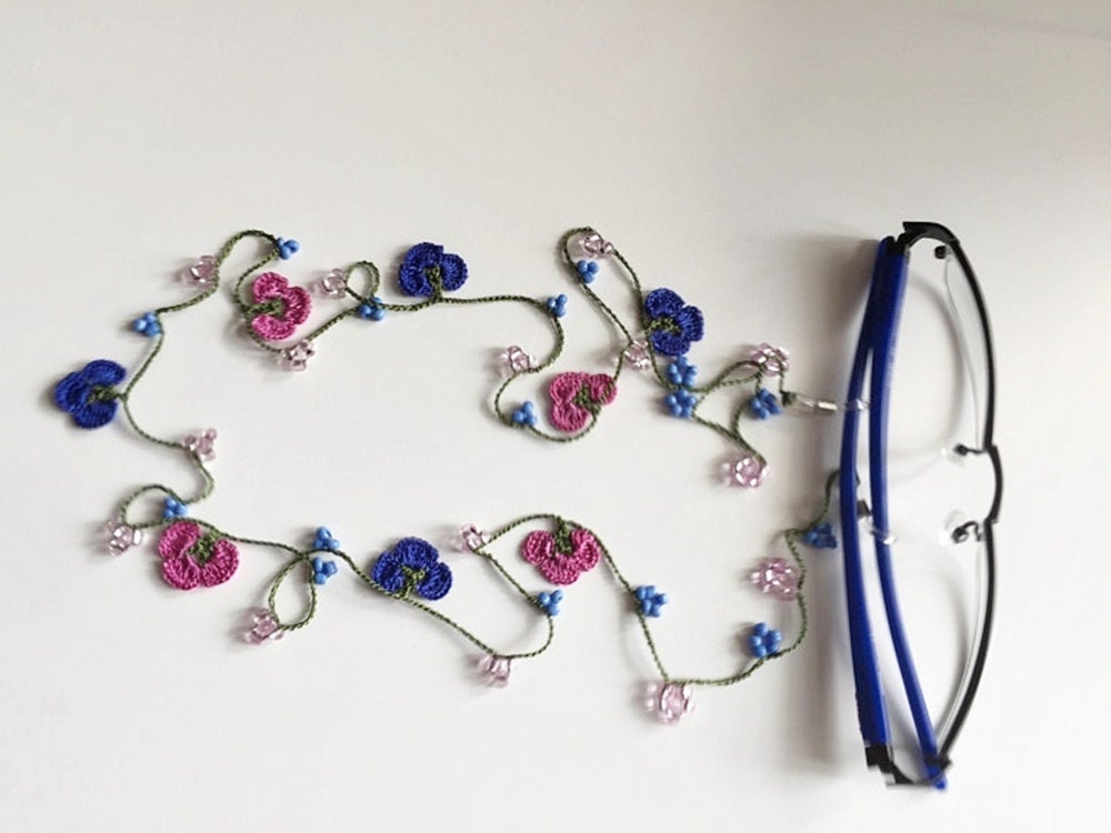 Blaue Und Rosa Augenbrillenkette, Brillenkette, Indigo Blau Rosa Pink Brillenhalter, Blumenbrillenkordel, Augenbrillenhalter von dreamhouse1