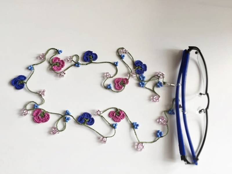 Blaue Und Rosa Augenbrillenkette, Brillenkette, Indigo Blau Rosa Pink Brillenhalter, Blumenbrillenkordel, Augenbrillenhalter von dreamhouse1