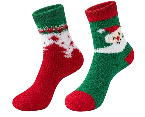 dressfan 2 Paare Weihnachtssocken Coral Fleece Winterbett Socken Warm,Weihnachtsbaum Rentier Schneemann Weihnachten Socken Weihnachts Geschenk für Familie Frauen Mädchen,EU 36-42 von dressfan